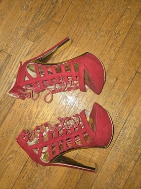 Red Lace-Up Cage Platform High Heels